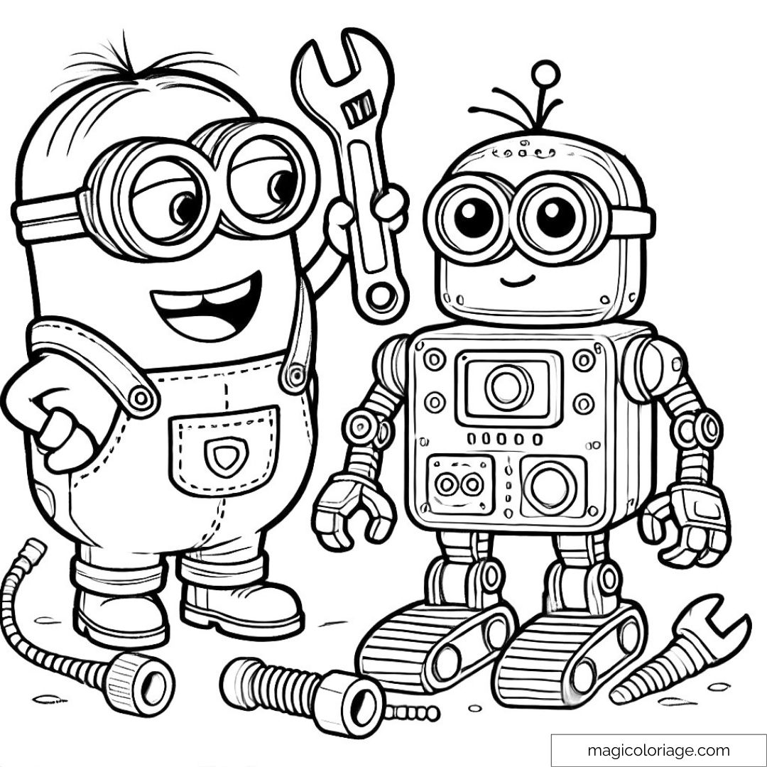 Minion construisant un robot avec une clé à molette, dessin à imprimer pour enfants