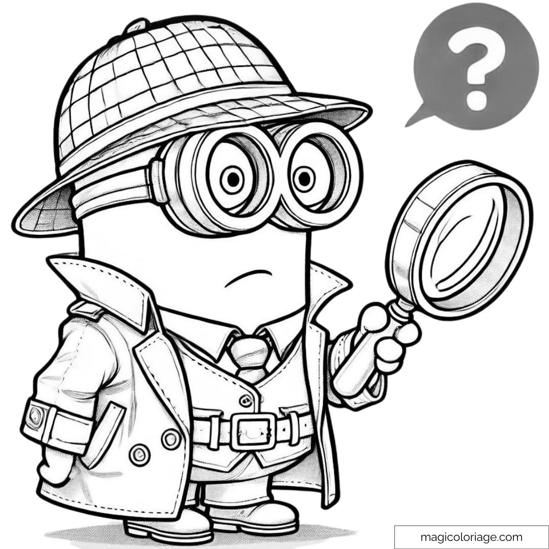 Minion détective avec une loupe, dessin à imprimer et colorier pour enfants