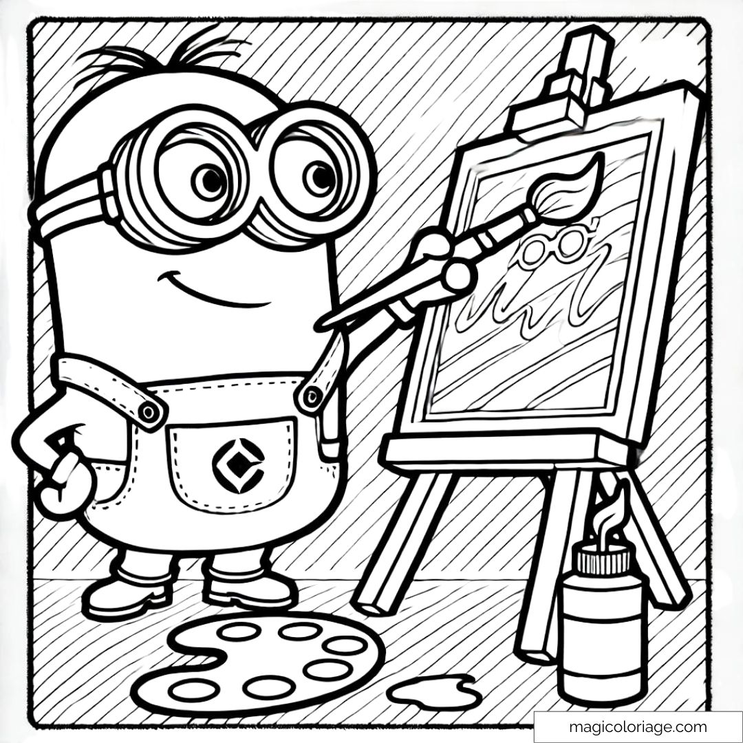Minion peignant avec une palette et un pinceau, dessin à colorier pour enfants