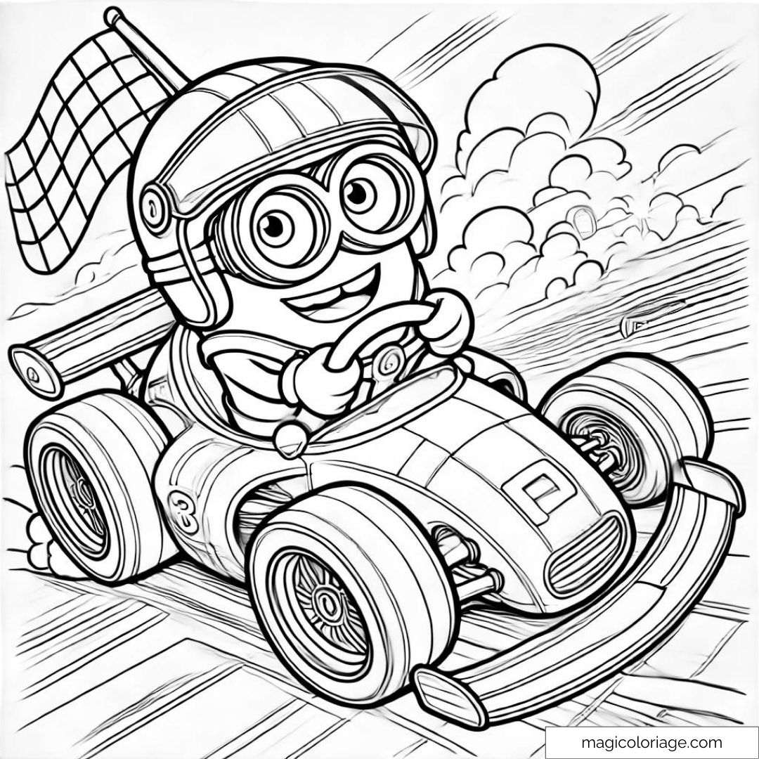 Minion dans une voiture de course avec un casque, coloriage à imprimer pour enfants