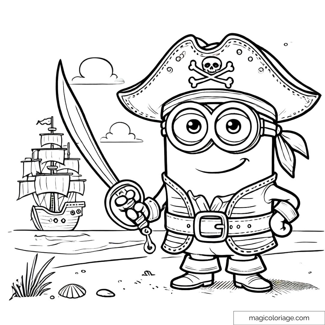 Minion en costume de pirate avec un sabre, dessin à imprimer et colorier