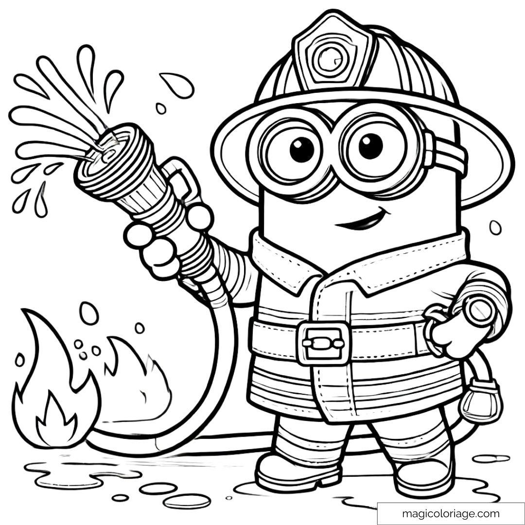 Minion en pompier avec un tuyau d'arrosage, dessin à imprimer et colorier pour enfants