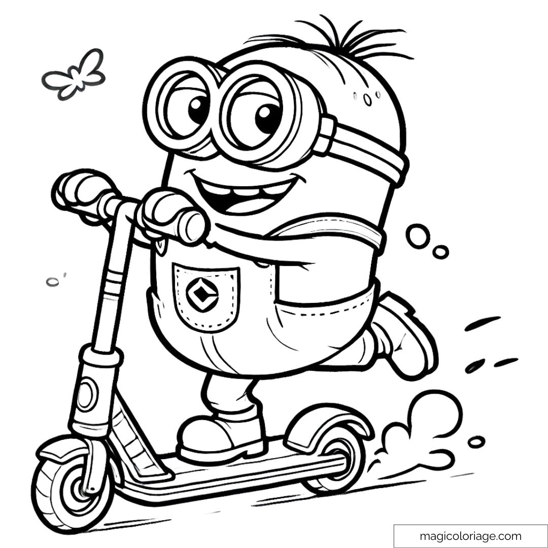 Minion roulant sur une trotinette, dessin à imprimer et colorier