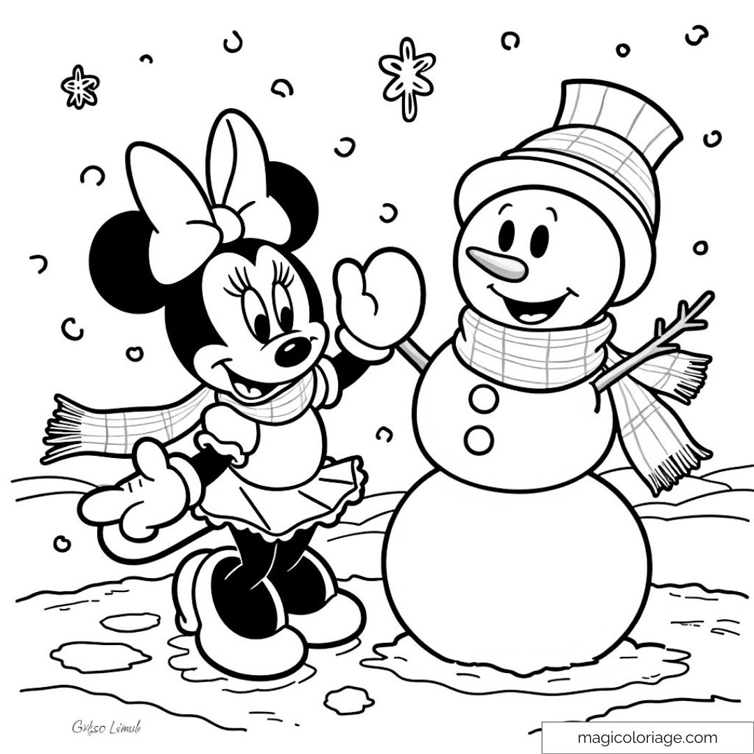 Dessin de Minnie Mouse avec bonhomme de neige