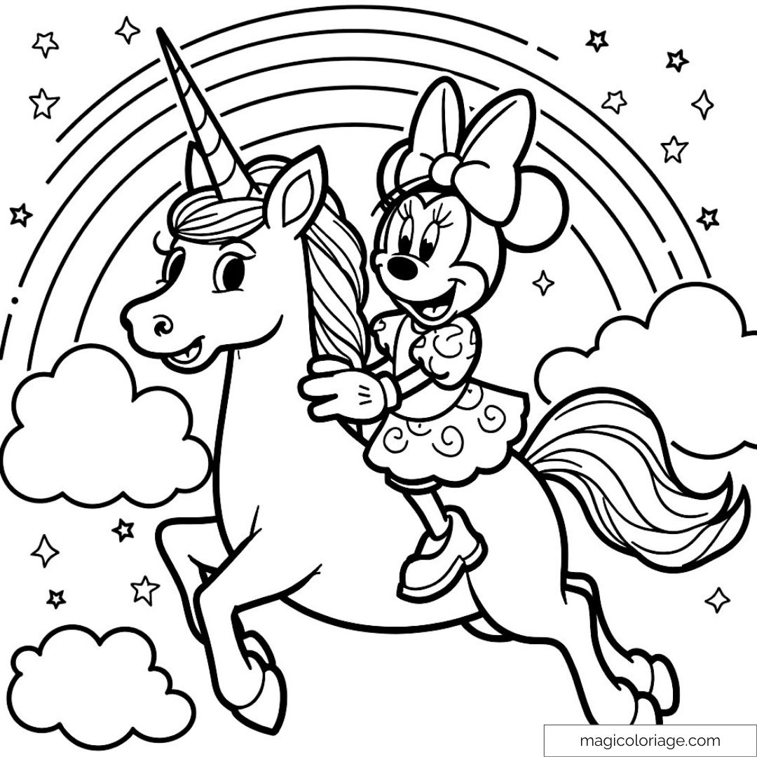 Minnie Mouse chevauchant une licorne sous un arc-en-ciel