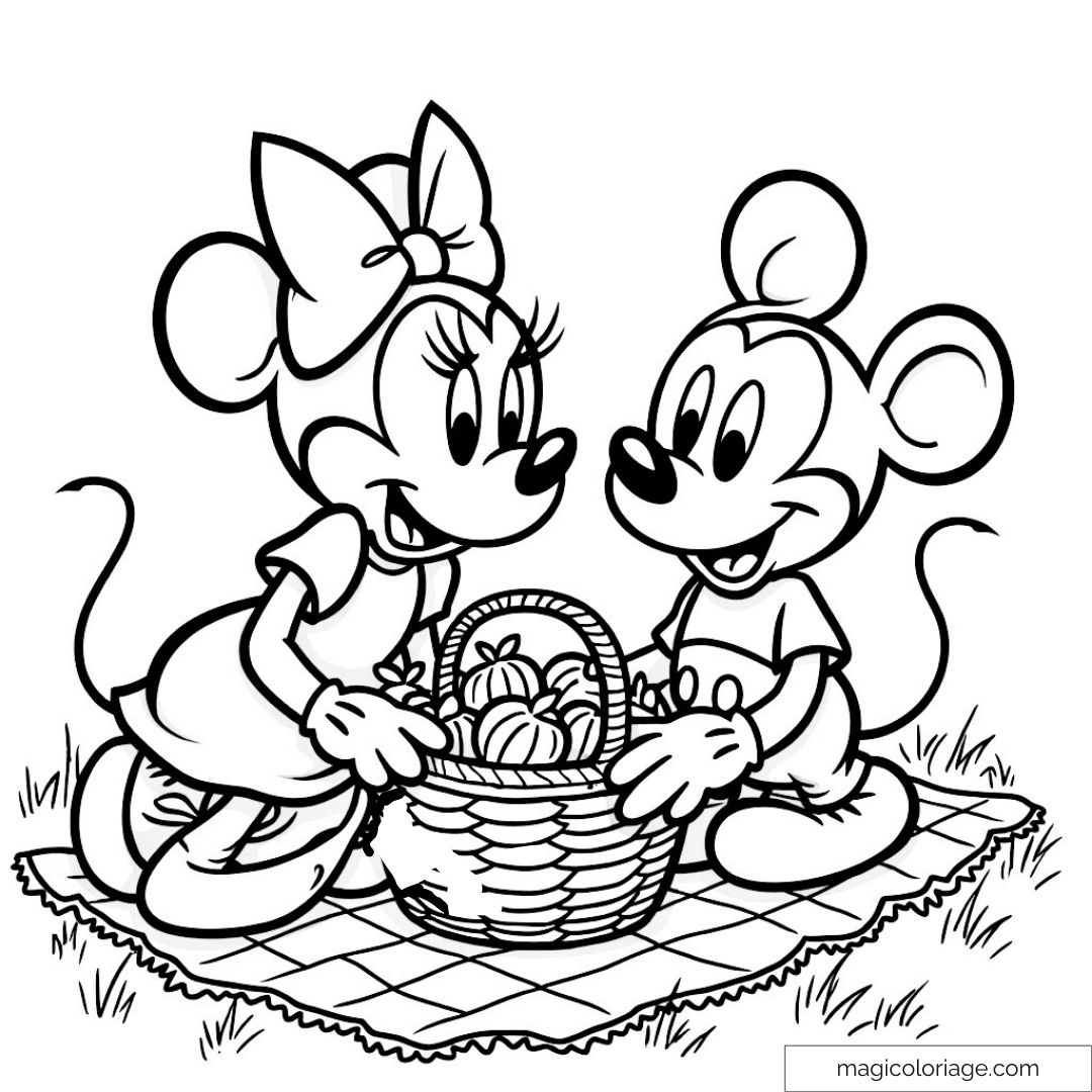 Coloriage de Mickey et Minnie partageant un panier de pique-nique