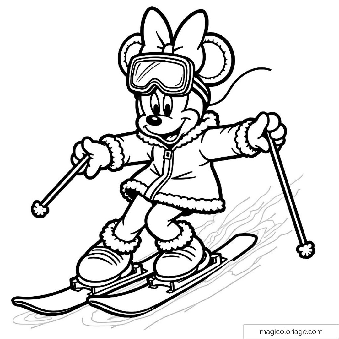 Minnie Mouse sur des skis avec une tenue d'hiver