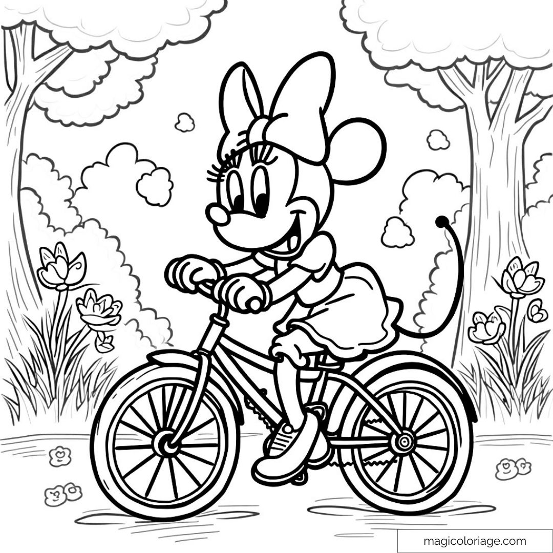 Coloriage Minnie à vélo dans la forêt avec fleurs et arbres.