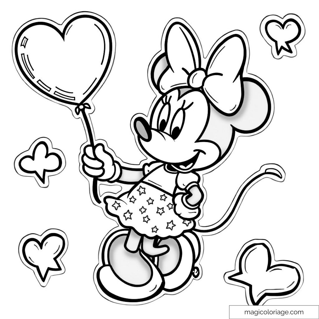 Dessin à colorier Minnie avec ballon en forme de cœur et motifs étoilés