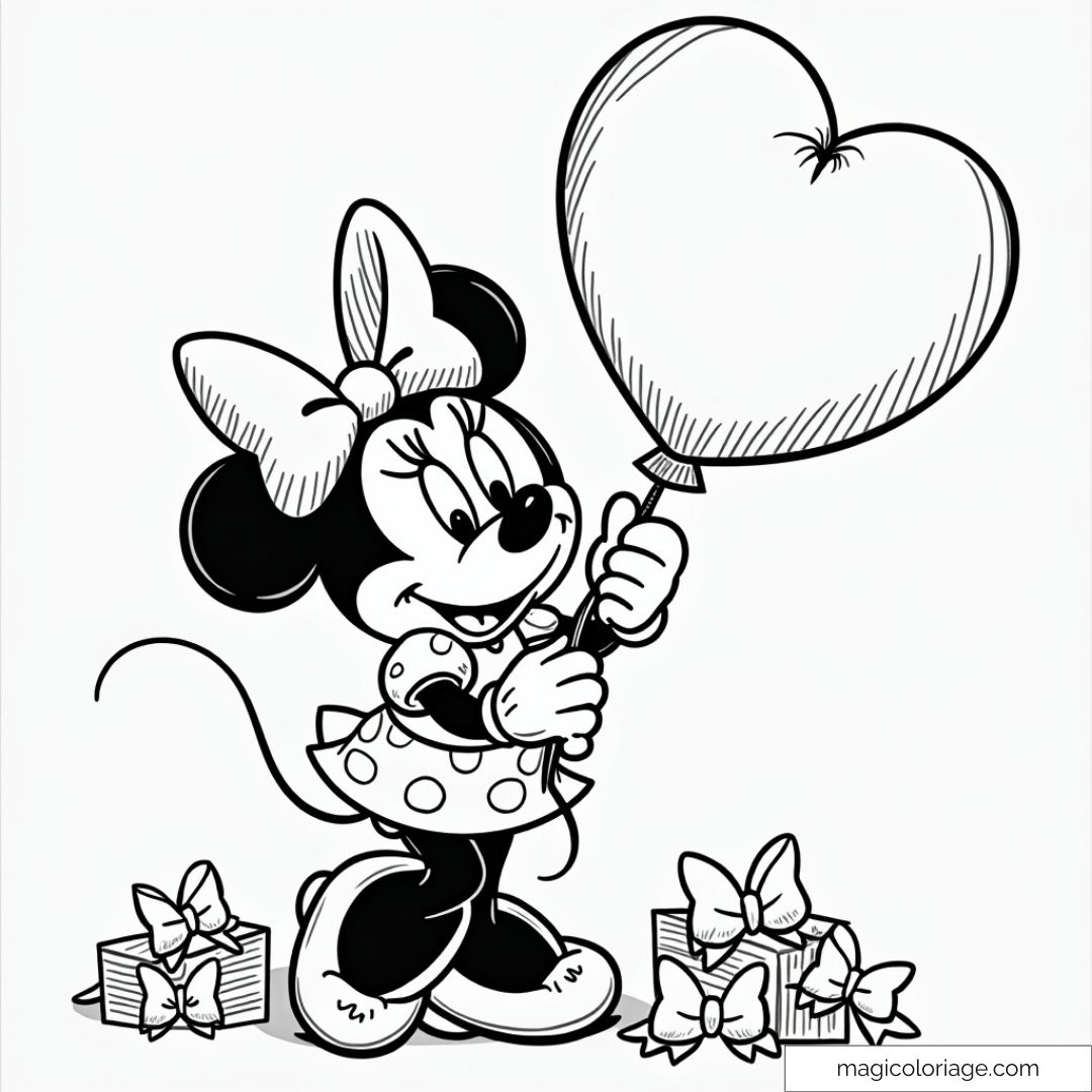 Minnie joyeuse avec ballon cœur et cadeaux à colorier