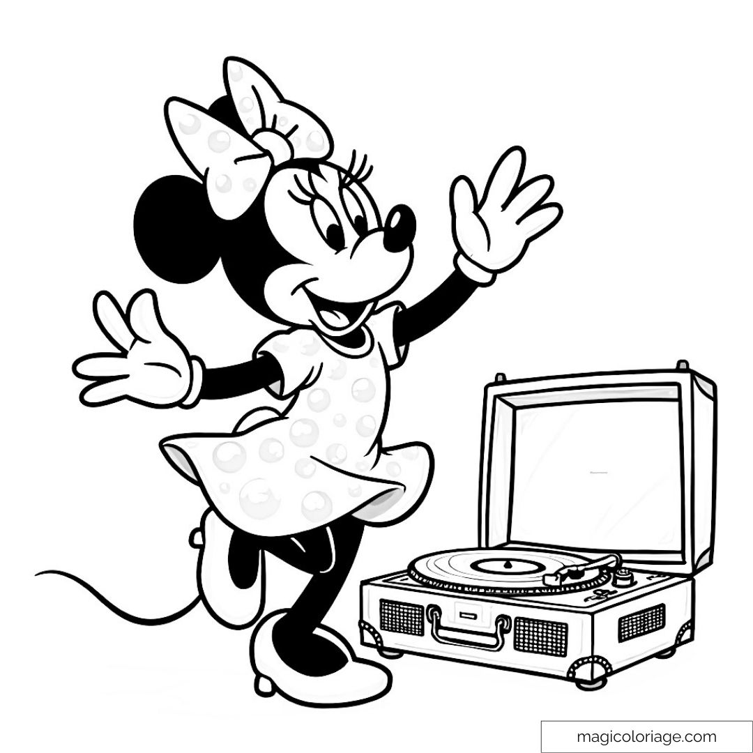 Image à colorier de Minnie Mouse dansant avec un tourne-disque