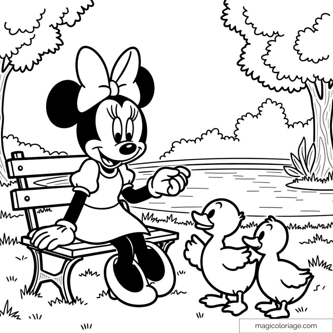 Minnie assise sur un banc près de deux canetons. Coloriage amusant et gratuit.