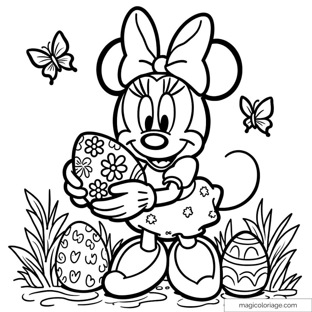 Minnie Mouse tenant un œuf de Pâques parmi des papillons