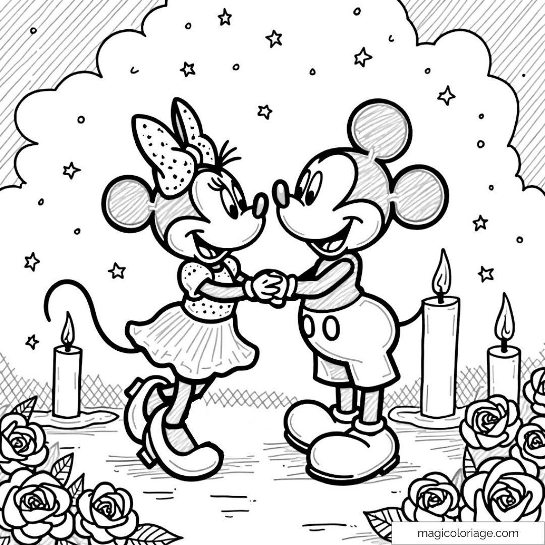 Dessin à colorier de Minnie et Mickey se tenant la main avec des roses et bougies.