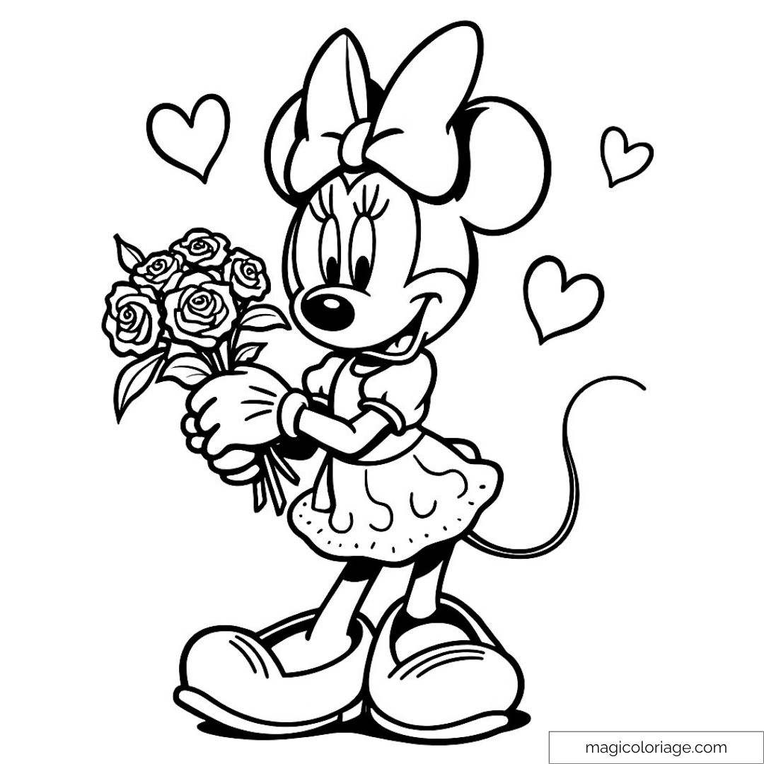 Dessin de Minnie Mouse tenant un bouquet de fleurs avec des cœurs.