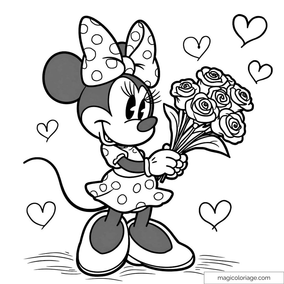 Minnie Mouse tenant un bouquet de fleurs avec des cœurs en arrière-plan