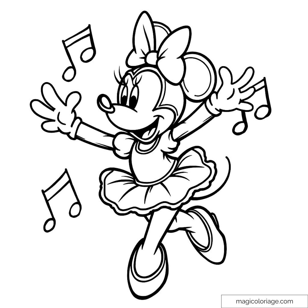 Coloriage de Minnie Mouse dansant entourée de notes musicales