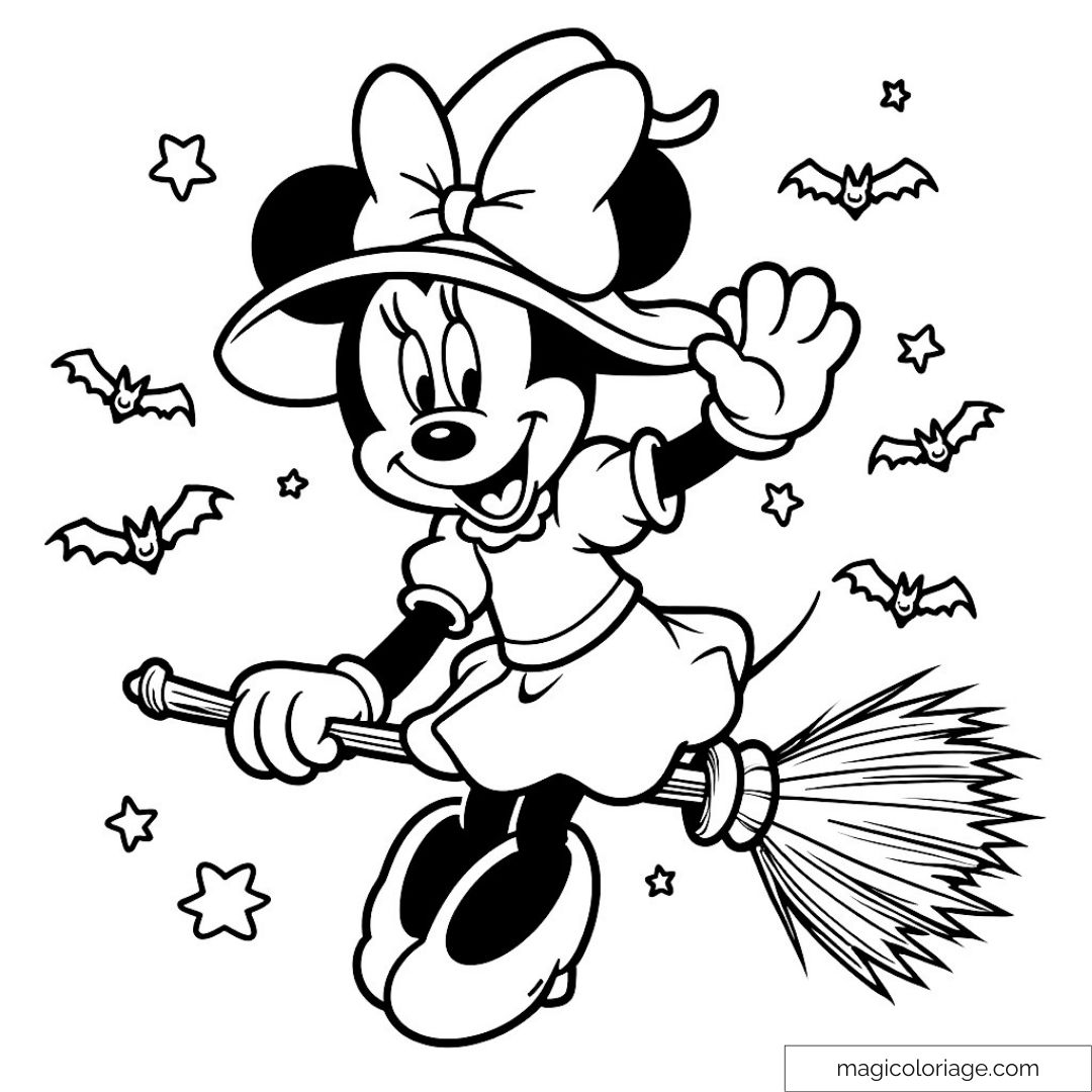 Dessin de Minnie Mouse en sorcière sur un balai