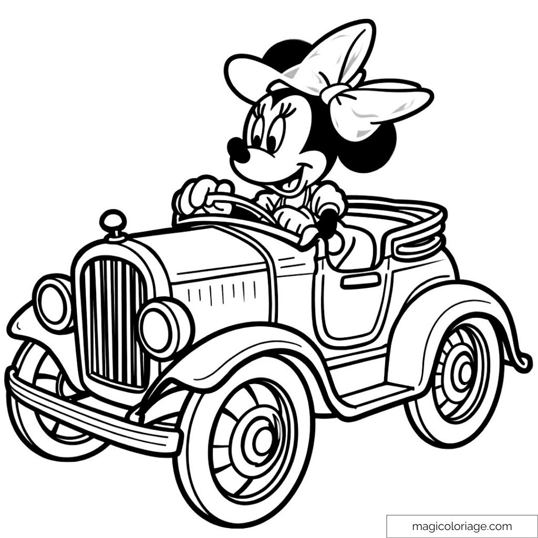 Dessin de Minnie Mouse en voiture vintage