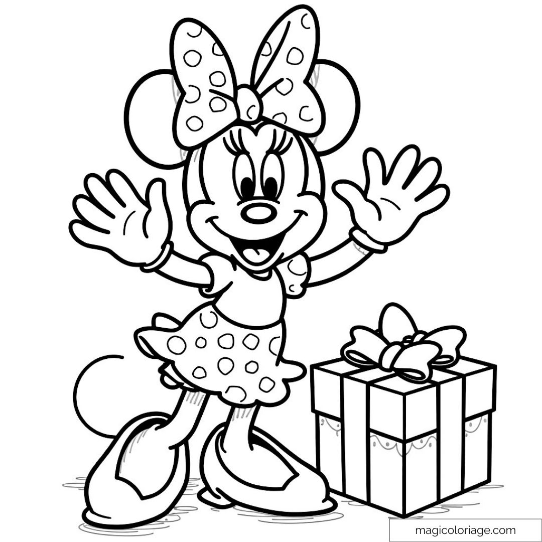 Minnie Mouse joyeuse avec un gros cadeau à côté d'elle