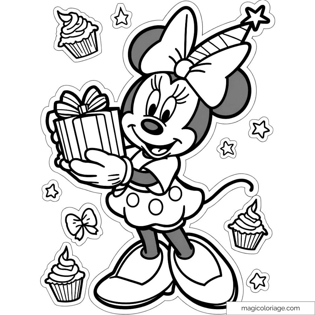 Image coloriage Minnie Mouse avec cadeau et cupcakes