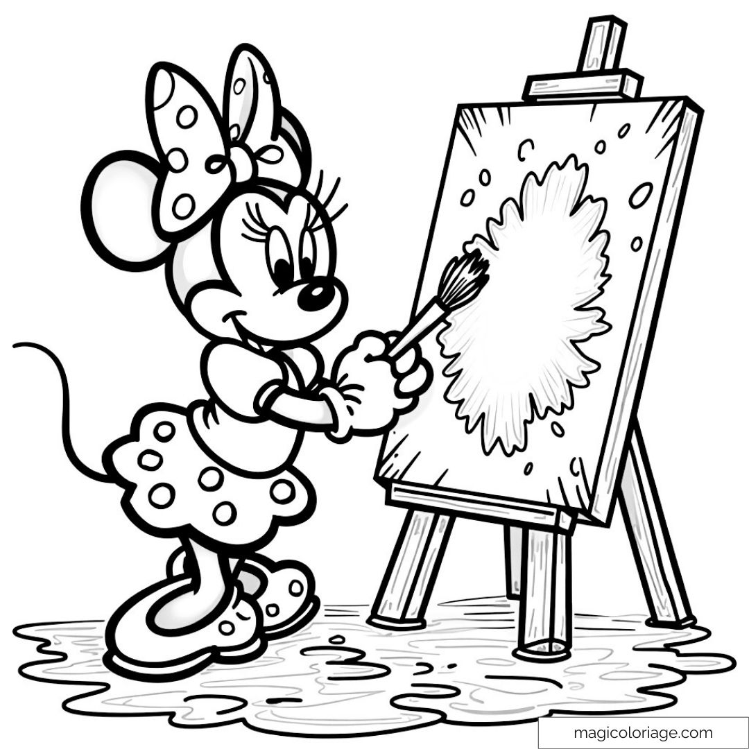 Minnie Mouse peignant avec enthousiasme sur une toile.