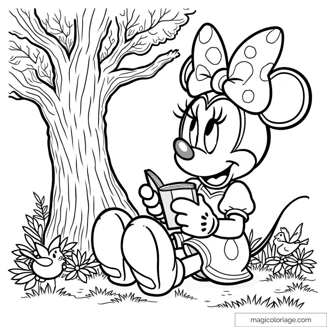 Dessin de Minnie Mouse lisant sous un arbre avec oiseaux et fleurs.