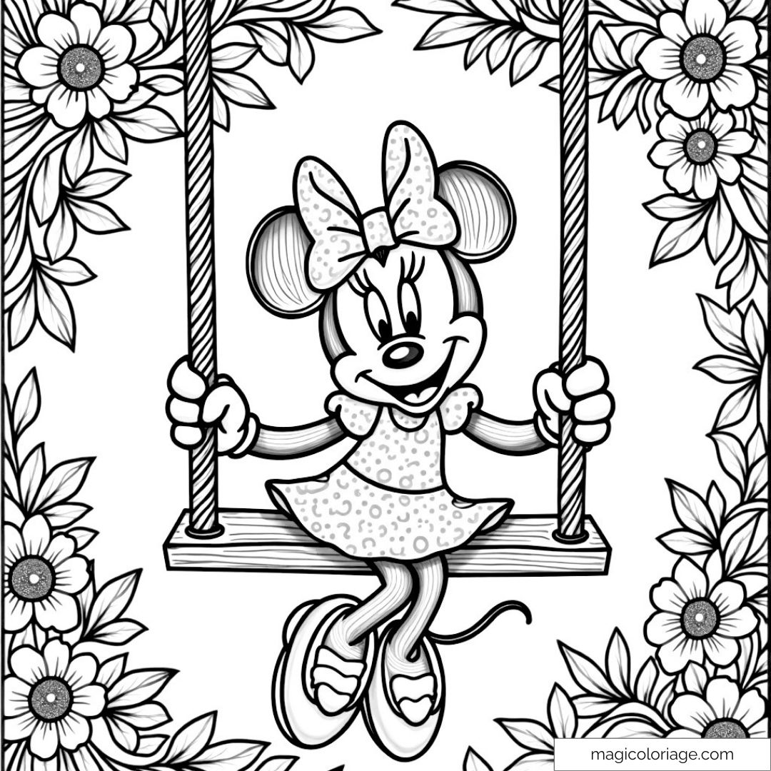 Coloriage Minnie Mouse sur balançoire entourée de fleurs