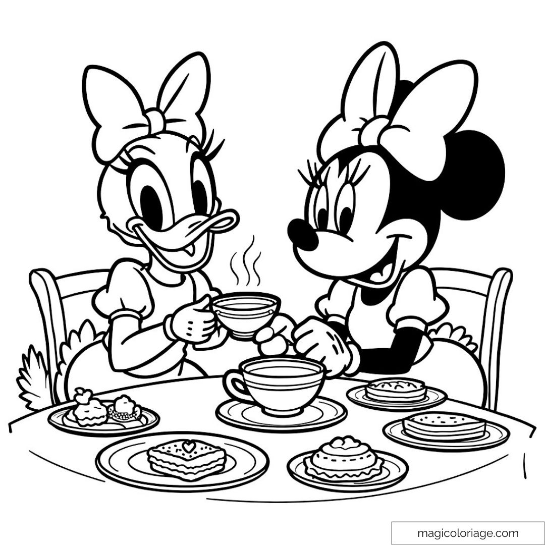 Minnie et Daisy à table partageant un thé avec des desserts.