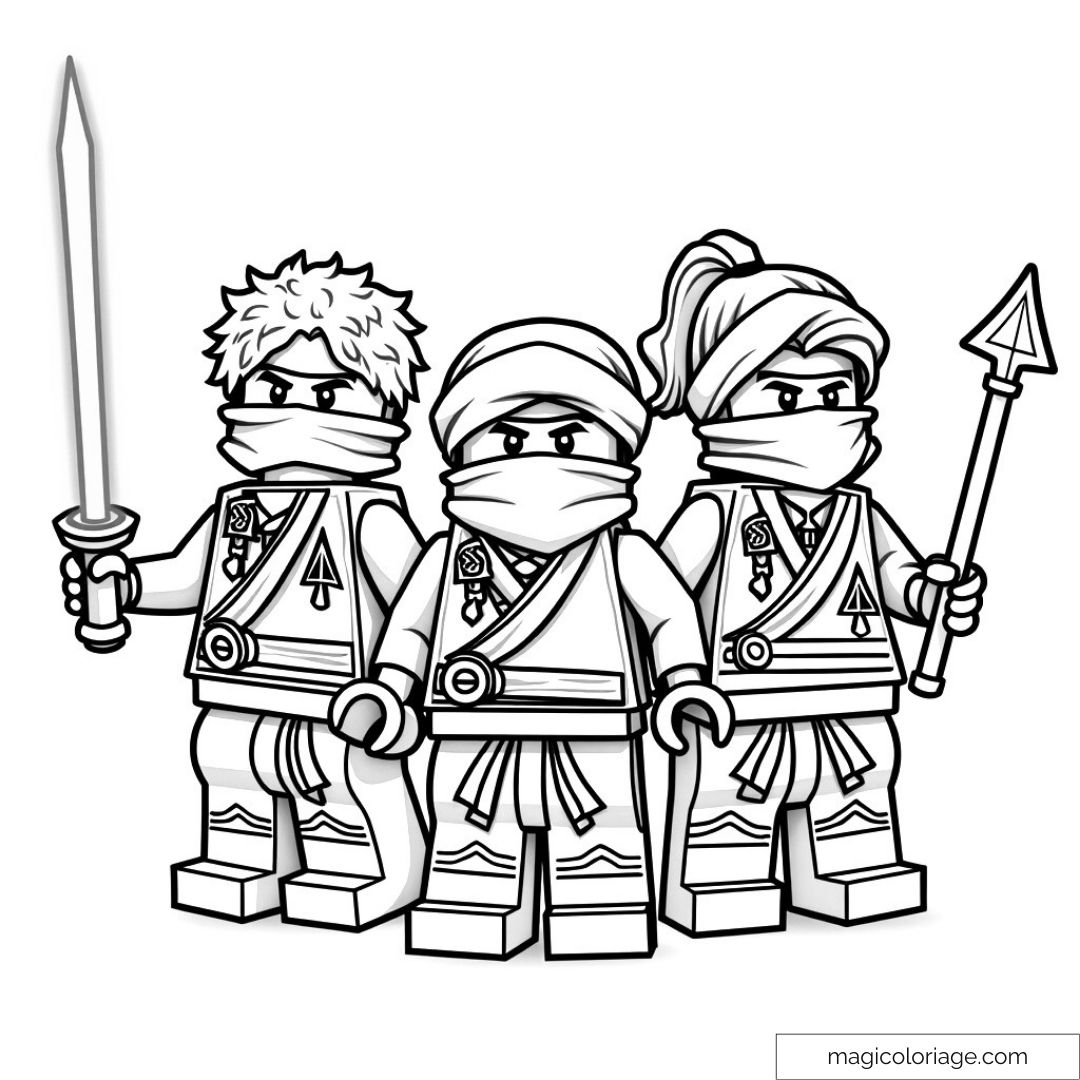 Coloriage de personnages Lego Ninja avec armes et costumes détaillés.