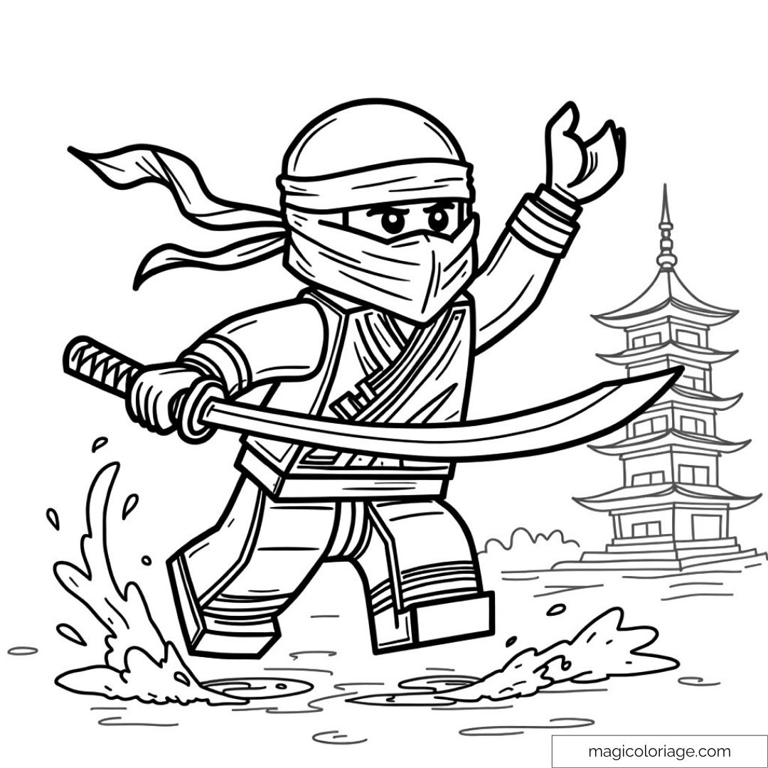 Image d'un ninja Lego avec épée près d'une pagode
