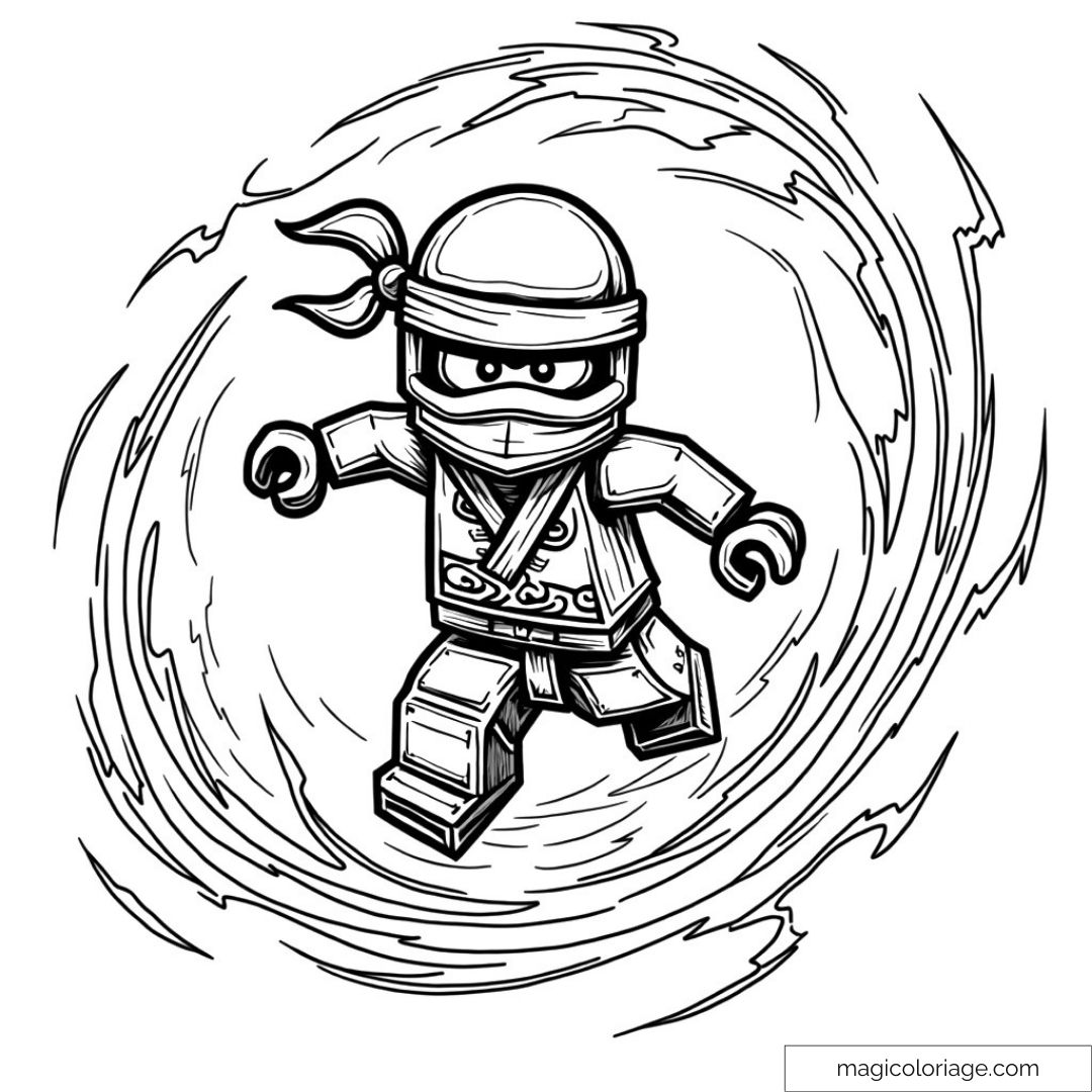 Image d'un ninja Lego dynamique entouré de lignes tourbillonnantes.
