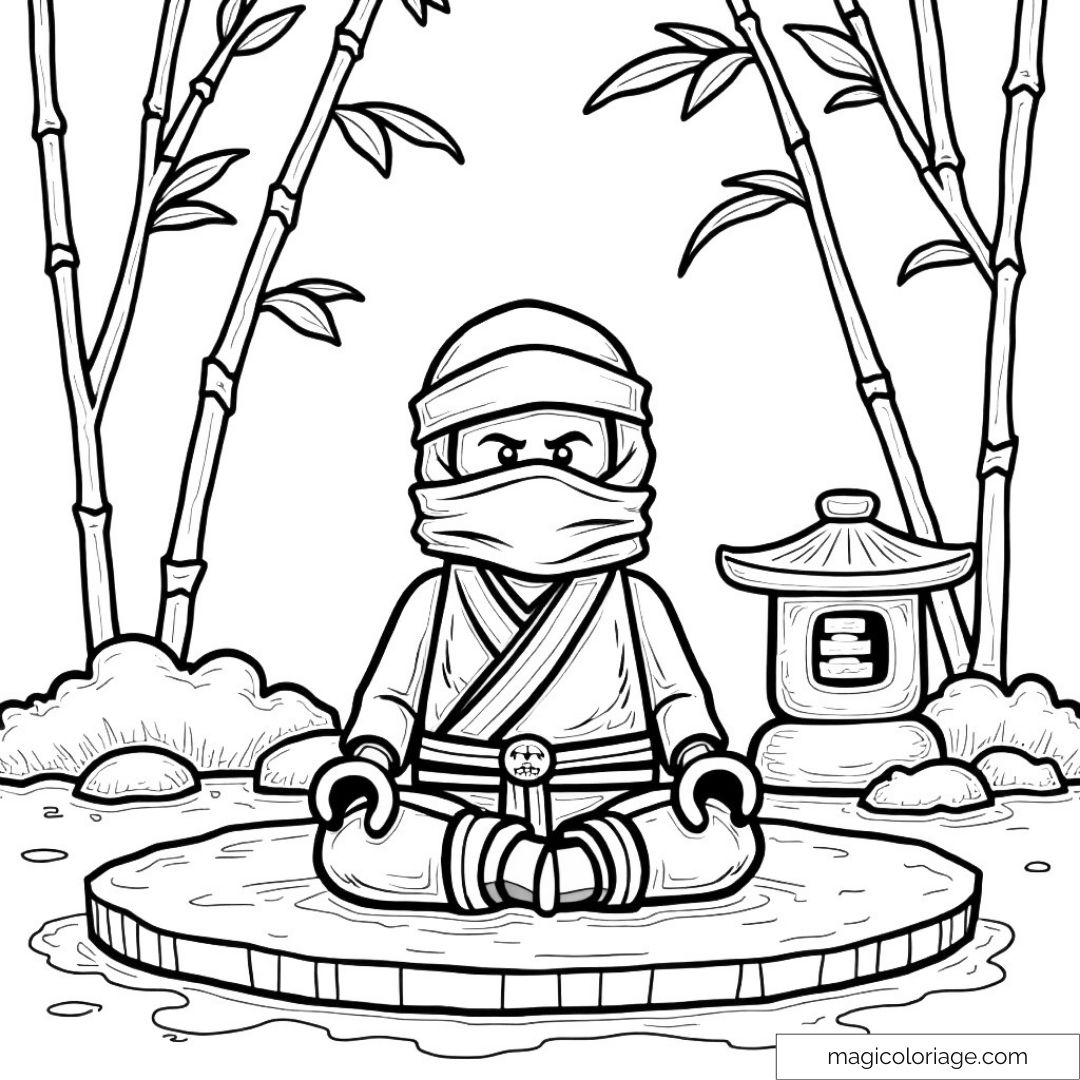 Coloriage de ninja en méditation entouré de bambous et lanterne japonaise