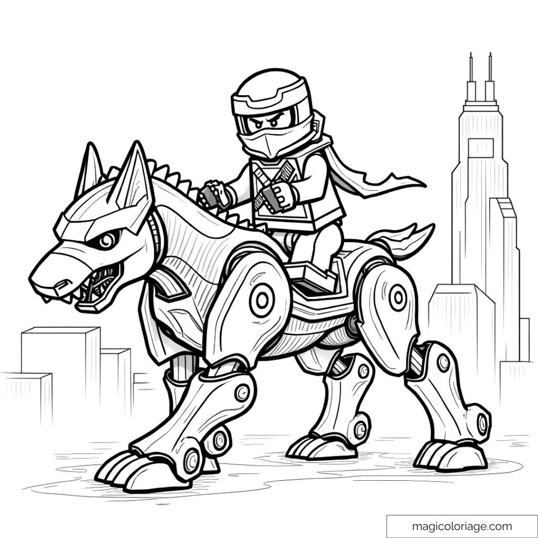 Ninja sur chien-robot dans une ville futuriste