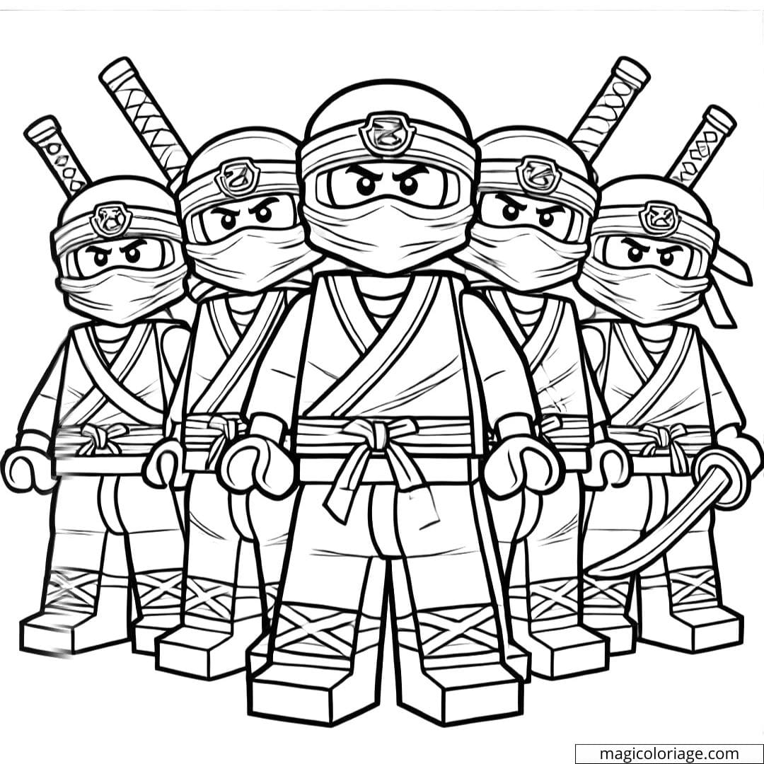 Coloriage de 5 Ninjago ninjas héroïques, dessin à colorier pour enfants