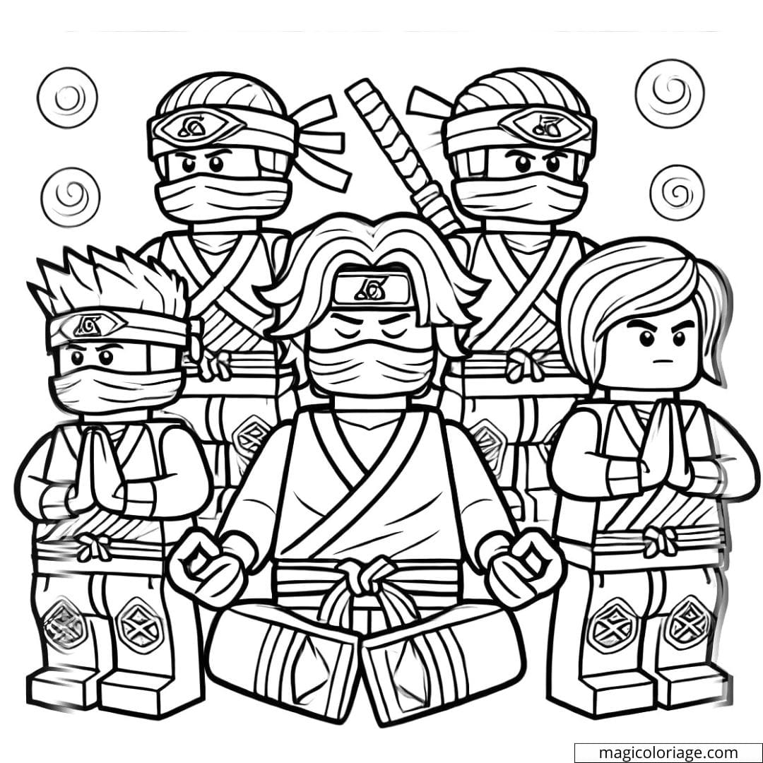 Coloriage de cinq Ninjago ninjas méditant, dessin à colorier pour enfants