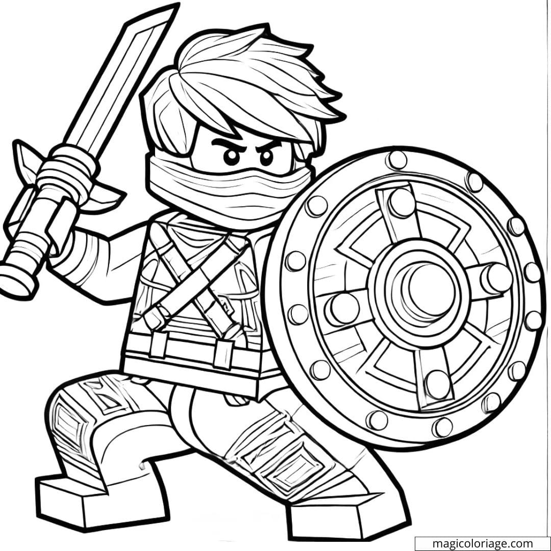 Coloriage Ninjago Cole avec un bouclier, dans une pose défensive.