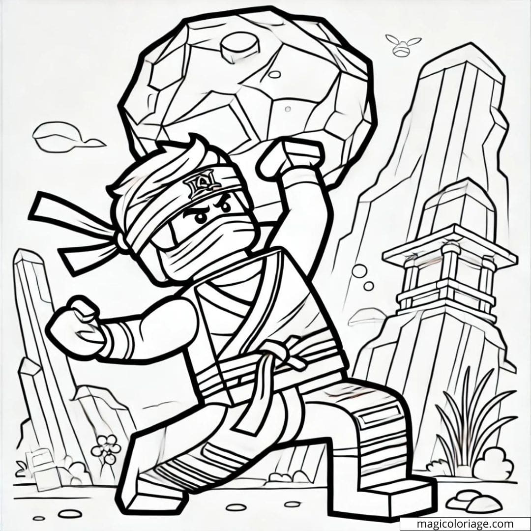 Coloriage Ninjago Cole soulevant une pierre, montrant sa force.