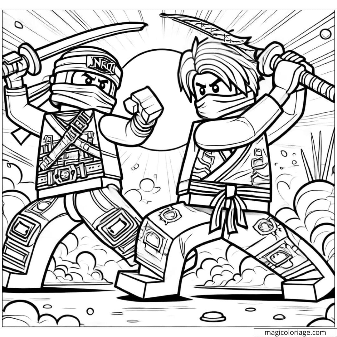 Coloriage Ninjago combat entre Kai et Jay, en pleine action.