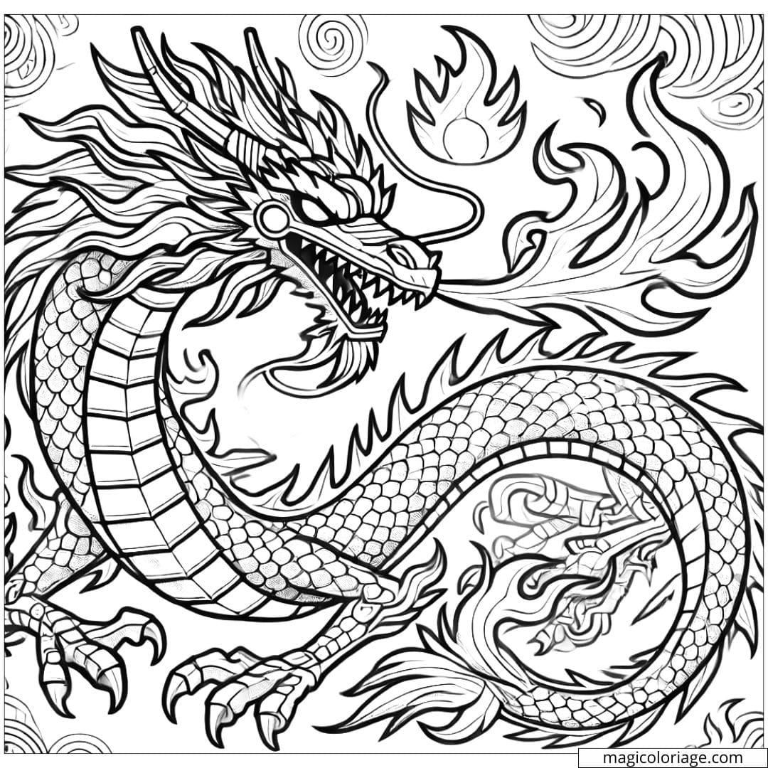 Coloriage Ninjago dragon de feu de Kai, puissant et majestueux.