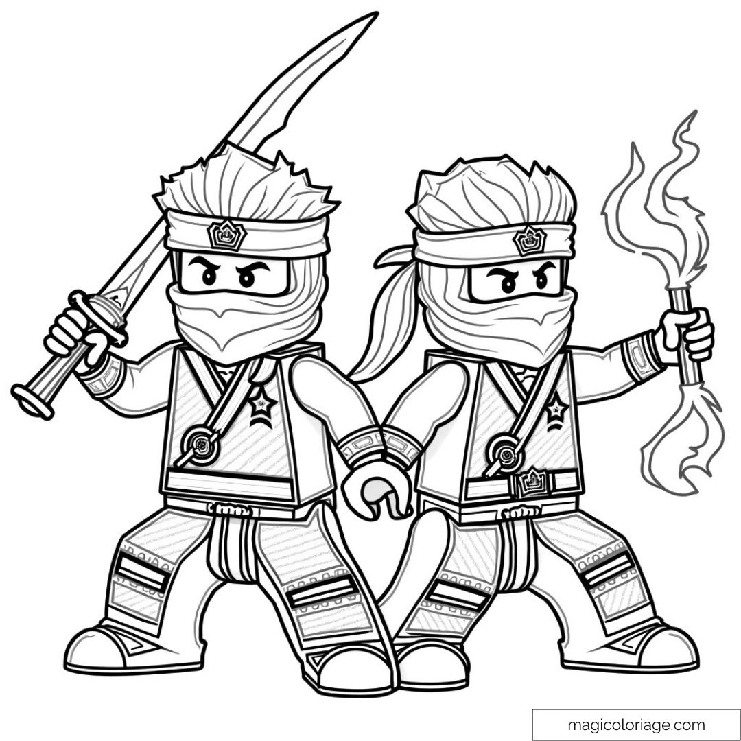 Dessin de deux ninjas style blocs LEGO avec épée et torche.