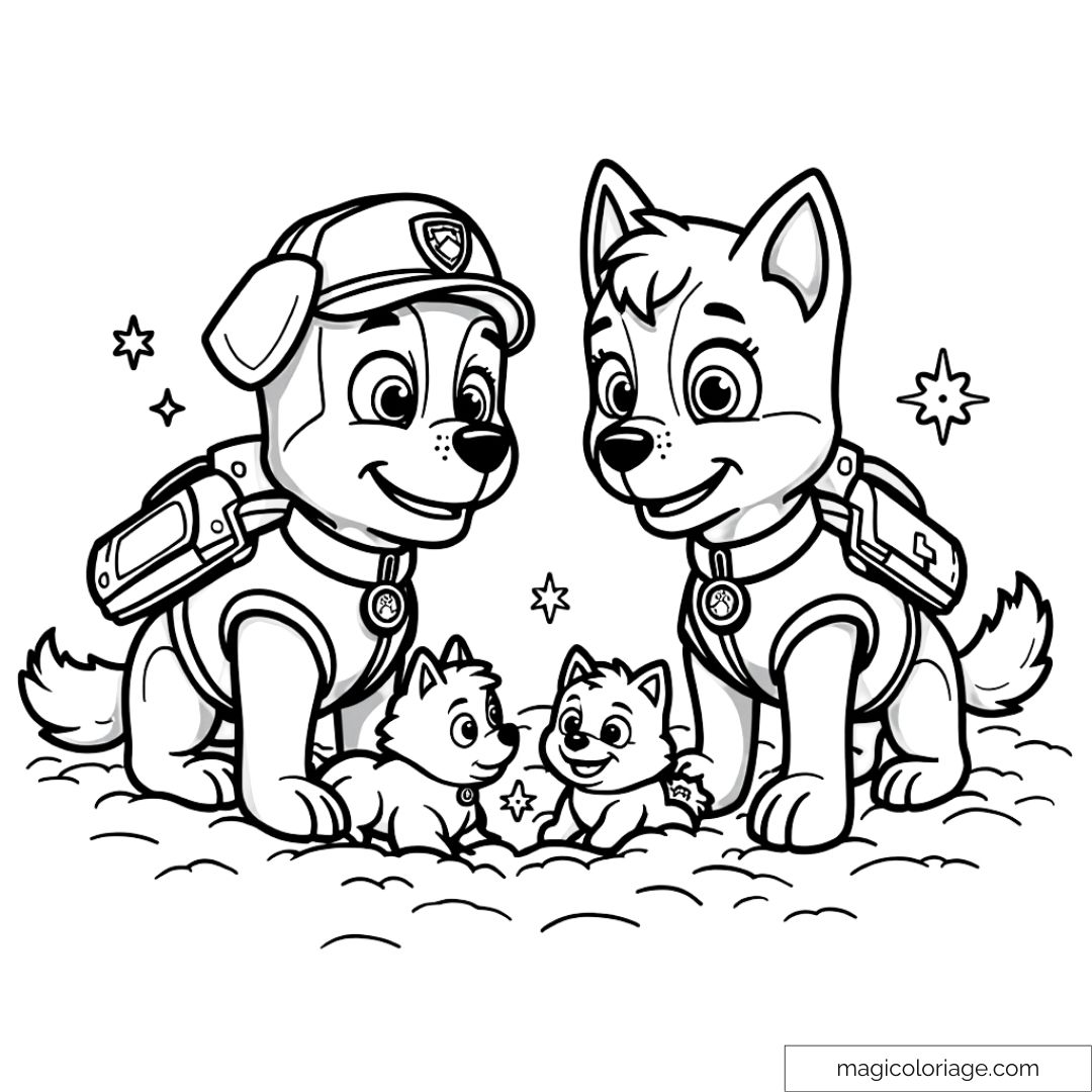 Coloriage de Chase et Everest de la Pat' Patrouille avec deux chiots.