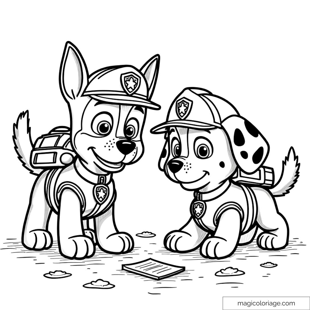 Coloriage de Chase et Marshall de la Pat' Patrouille, inspectant une feuille trouvée par terre, avec une expression curieuse sur leurs visages.
