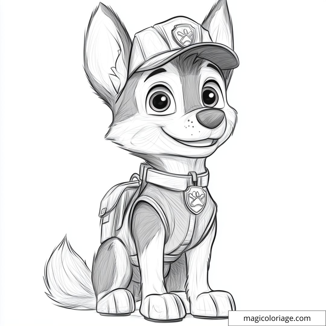Dessin à colorier de Chase, le chiot policier de la Pat' Patrouille, en uniforme, assis et souriant, prêt pour une mission.