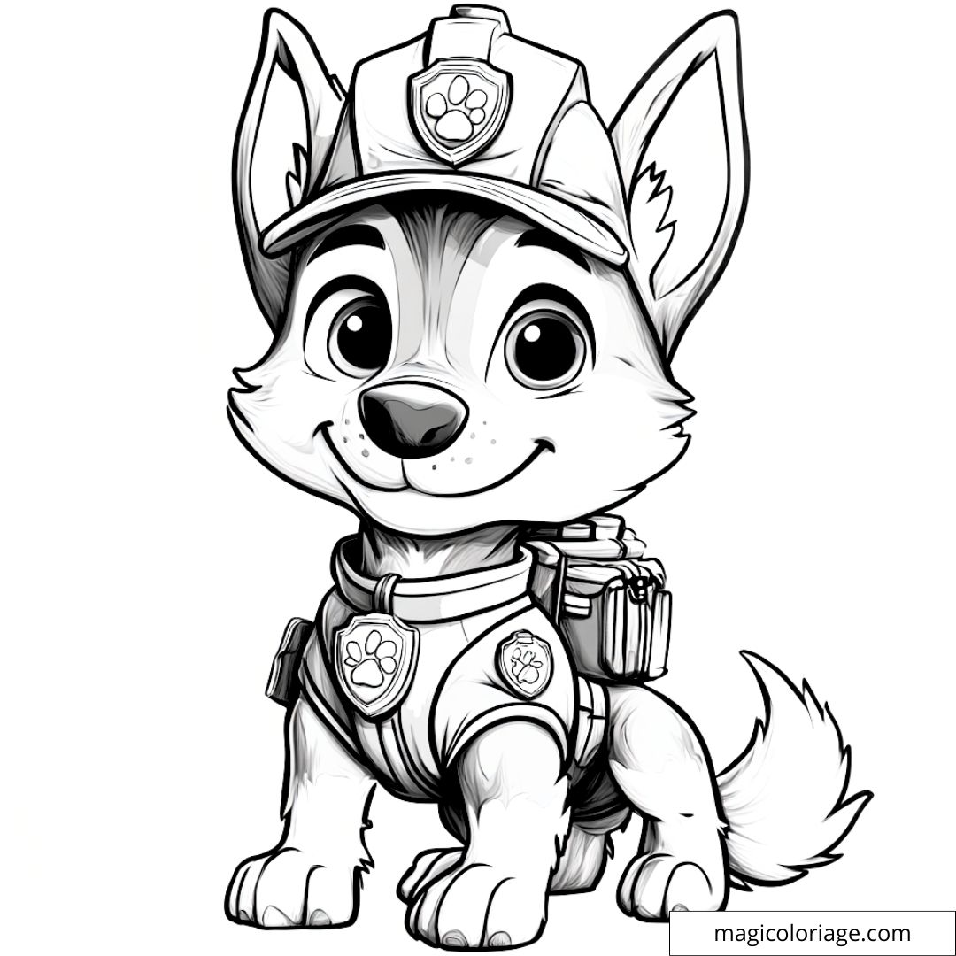 Dessin à colorier de Chase, le chiot policier de la Pat' Patrouille, en uniforme, avec son sac à dos et son insigne, prêt pour une mission.