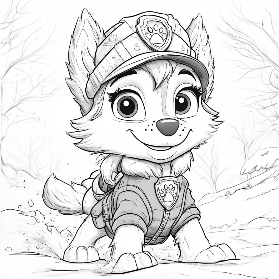 Dessin à colorier d'Everest, le chiot secouriste de la Pat' Patrouille, dans la neige avec son uniforme et son sourire plein d'énergie.