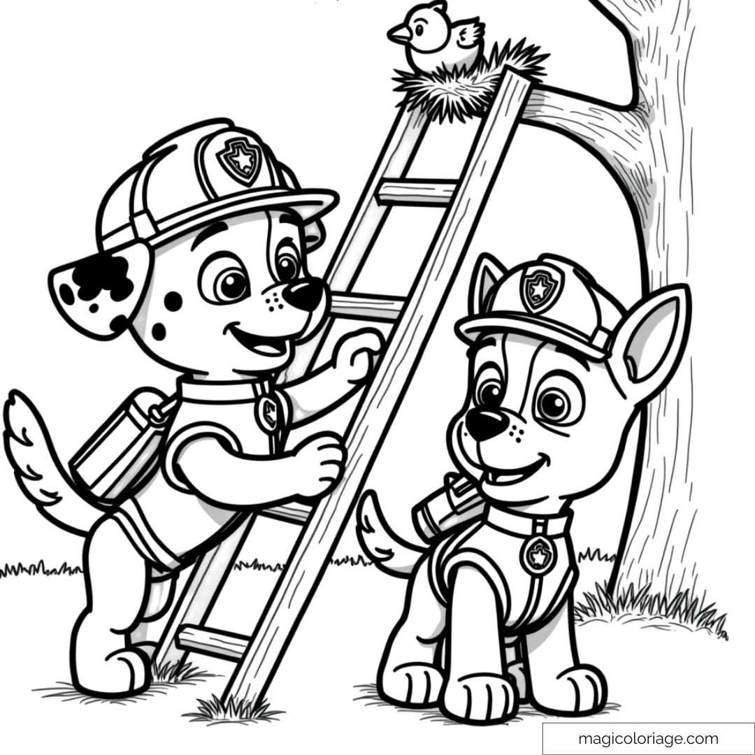 Coloriage de Chase et Marshall de la Pat' Patrouille utilisant une échelle pour sauver un oisillon dans un arbre.