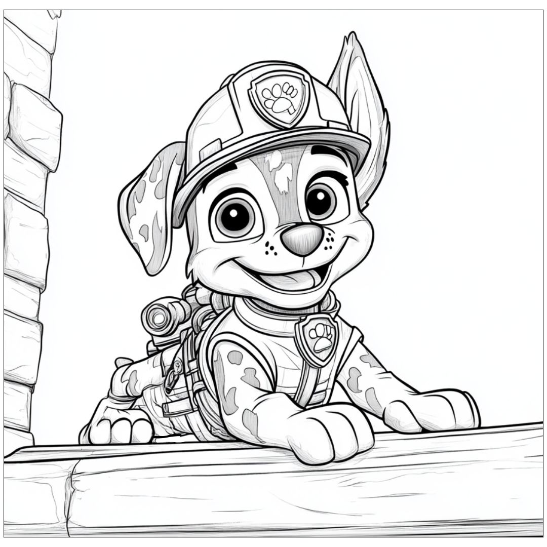 Dessin à colorier de Marshall, le chiot pompier de la Pat' Patrouille, allongé sur un rebord lors d'une mission de sauvetage.
