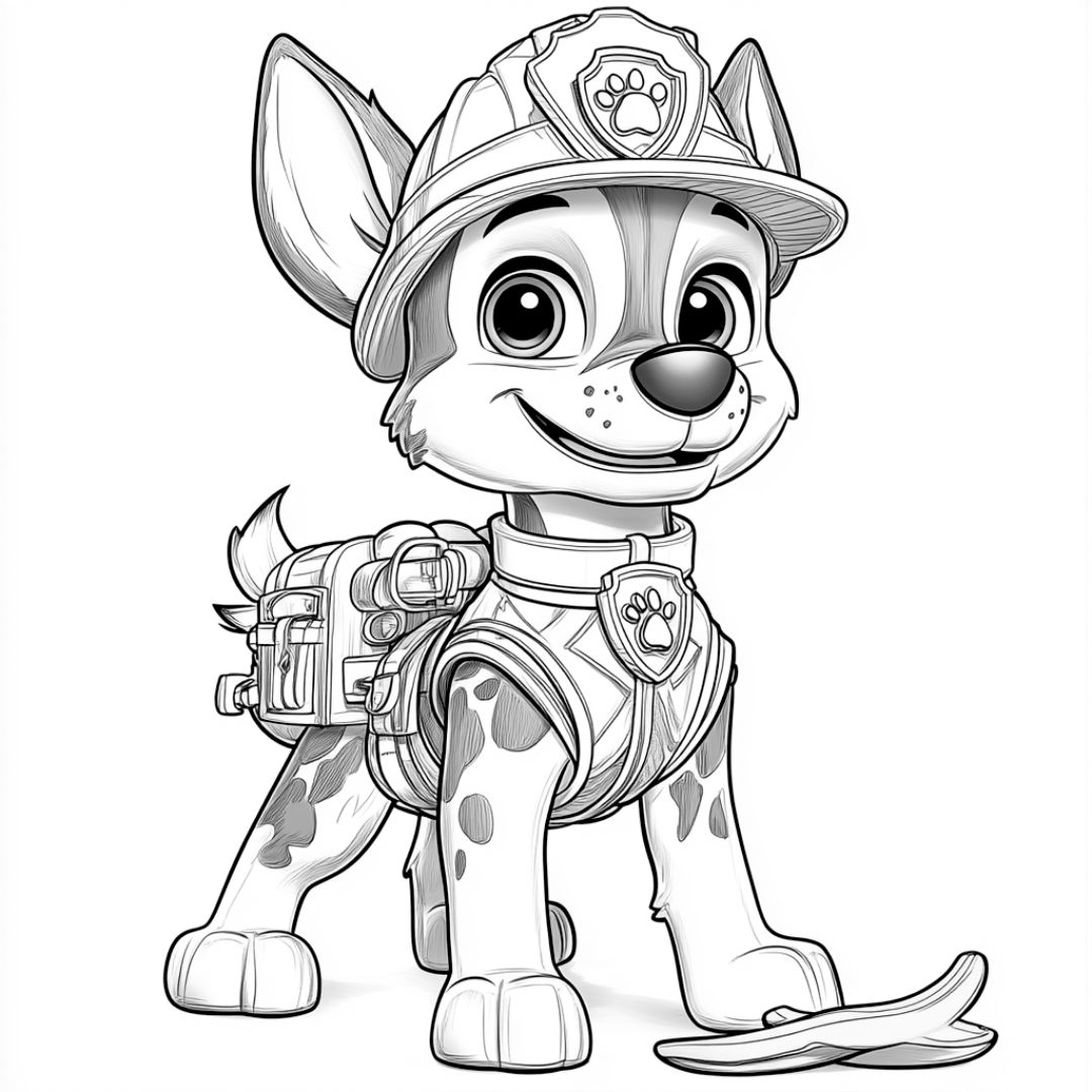 Coloriage Marshall, le chiot pompier de la Pat' Patrouille, sourit face à une peau de banane devant lui.