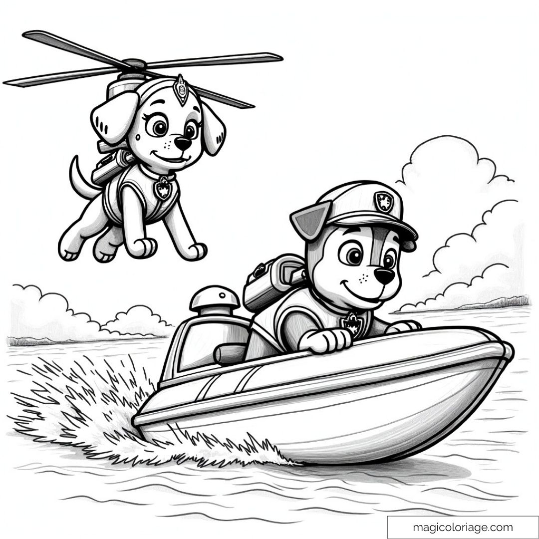 Coloriage de Skye et Zuma de la Pat' Patrouille, Skye dans son hélicoptère et Zuma sur son bateau, accomplissant une mission de sauvetage sur l'eau.